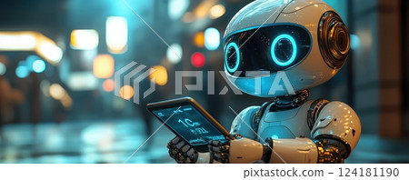Futuristic robot holding a digital tablet in a neon-lit urban environment Futuristic robot holding a digital tablet in a neon-lit urban environment 124181190