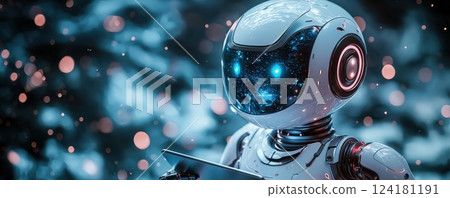 Futuristic AI Robot in a Digital Environment Holding a Tablet Futuristic AI Robot in a Digital Environment Holding a Tablet 124181191
