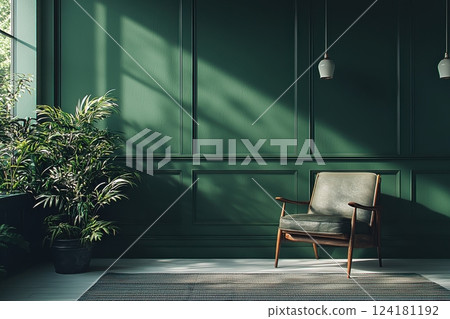 Elegant green interior with armchair and lush indoor plant decoration 124181192
