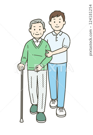 一名男子拄著拐杖幫助老人的全身圖 一名男子拄著拐杖幫助老人的全身圖 124181254