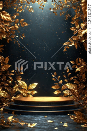 Luxurious golden podium surrounded by glowing leaves and shimmering background Luxurious golden podium surrounded by glowing leaves and shimmering background 124181267
