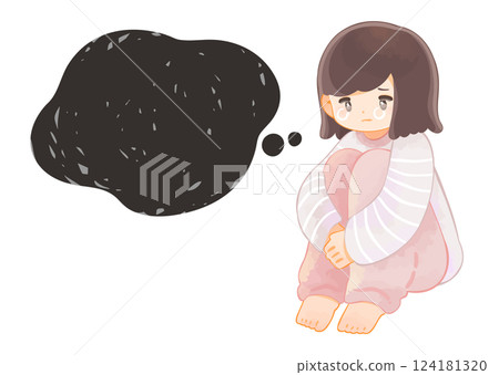 一個穿著睡衣的孩子抱著膝蓋哭泣，拒絕上學 124181320