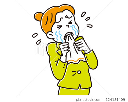 Illustration of a young female businessman biting a handkerchief and crying in frustration 124181409