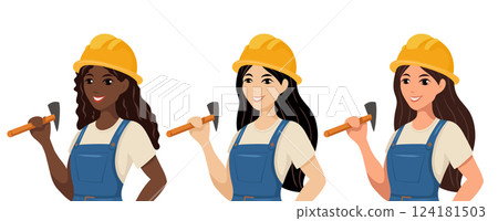Vector portrait collection of female workers in helmets with hammer. Set of builders of different nationalities. Construction professionals Vector portrait collection of female workers in helmets with hammer. Set of builders of different nationalities. Construction professionals 124181503