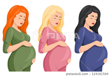 Vector set of pregnant women isolated from background. Tender expectation of a child. Clip arts collection of healthy pregnant women 124181504