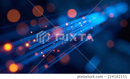 Illuminated fiber optics glowing brightly, illustrating the speed and efficiency of information flow 124181551