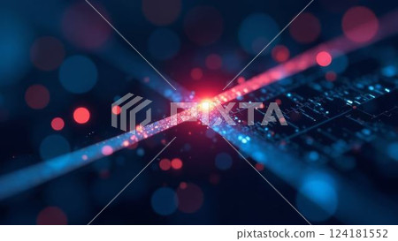 red and blue light beams intersect on a microchip showcasing electronic data flow, highlighting technological sophistication in a circuit board environment, concept of computing, electronic 124181552