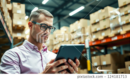 A man stands in a warehouse with a tablet computer, checking inventory statements for the presence of goods. The concept of logistics, supply chain management, and digital inventory control. 124181713