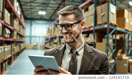 A man stands in a warehouse with a tablet computer, checking inventory statements for the presence of goods. The concept of logistics, supply chain management, and digital inventory control. 124181719