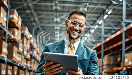 A man stands in a warehouse with a tablet computer, checking inventory statements for the presence of goods. The concept of logistics, supply chain management, and digital inventory control. 124181720