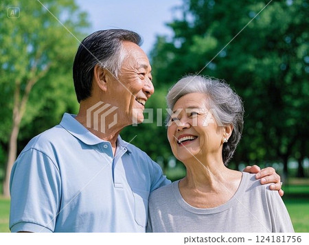 Senior couple cuddling with a smile 124181756