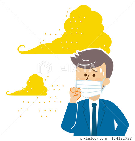 Illustration of a person wearing a mask, yellow sand, PM2.5, pollen, air pollution 124181758