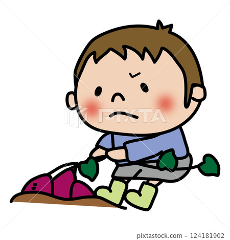 一個男孩一邊拔藤蔓,一邊挖地瓜 一個男孩一邊拔藤蔓,一邊挖地瓜 124181902