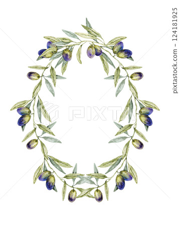 Beautiful wreath with purple olives and green olive leaves. Isolated on white background. Hand drawn watercolor illustration. For invitations, labels, cards, wedding design, first communion, birthday Beautiful wreath with purple olives and green olive leaves. Isolated on white background. Hand drawn watercolor illustration. For invitations, labels, cards, wedding design, first communion, birthday 124181925