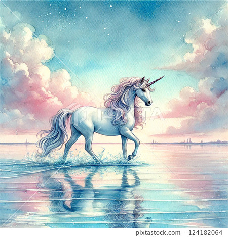 Illustration of a beautiful unicorn walking on the water Illustration of a beautiful unicorn walking on the water 124182064