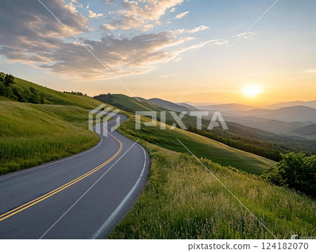 Highway road and green mountain with sky clouds at sunset. AI Generated. 124182070