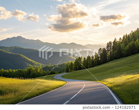 Country road and green meadow with mountain nature landscape under blue sky. AI Generated. 124182071