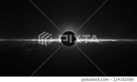 Minimalistic depiction of black hole with an event horizon glowing in deep space 124182090