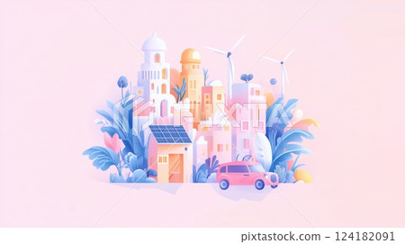 Minimalist illustration of sustainable eco-friendly city with renewable energy sources 124182091