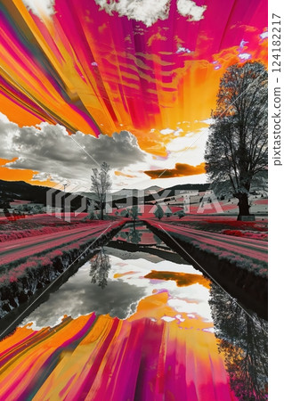Vibrant Psychedelic Landscape with Neon Orange, Pink, Yellow Skies and Trees Vibrant Psychedelic Landscape with Neon Orange, Pink, Yellow Skies and Trees 124182217