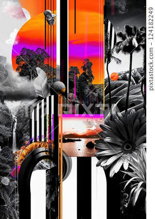 Vibrant Tropical Collage with Neon Orange, Magenta Accents, Retro 80s Vibe 124182249