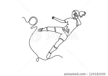 Continuous one line drawing young attractive female football striker performing a jump kick trick to make goal. Soccer league competition concept. Single line draw design vector graphic illustration 124182430