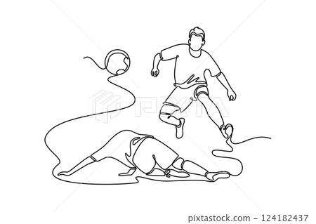Single continuous line drawing of young aggressive football player defender performing tackle to seizing ball from opponent player. Soccer competition. One line draw graphic design vector illustration 124182437