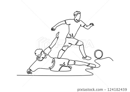 Single continuous line drawing attractive football player midfielder performing jumping to defending ball from opponent player who want to seized it. One line draw graphic design vector illustration Single continuous line drawing attractive football player midfielder performing jumping to defending ball from opponent player who want to seized it. One line draw graphic design vector illustration 124182439