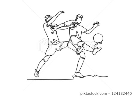 Single continuous line drawing two young football player defender and striker duel for the ball at national stadium. Soccer league competition. Dynamic one line draw graphic design vector illustration 124182440