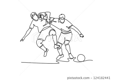 Single continuous line drawing two competitive energetic football player fighting for the ball at game play. Soccer league competition match. Dynamic one line draw graphic design vector illustration 124182441