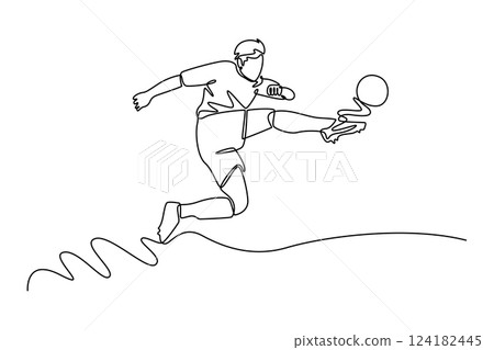 Single one line drawing of active male football player shooting on goal performing bicycle kick. Soccer competition match sports concept. Modern continuous line draw design graphic vector illustration Single one line drawing of active male football player shooting on goal performing bicycle kick. Soccer competition match sports concept. Modern continuous line draw design graphic vector illustration 124182445