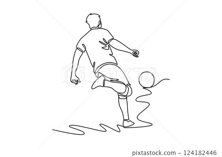 Single one line drawing back view of male football midfielder make move to control and dribbling ball. Soccer league competition concept. Modern continuous line draw design graphic vector illustration Single one line drawing back view of male football midfielder make move to control and dribbling ball. Soccer league competition concept. Modern continuous line draw design graphic vector illustration 124182446