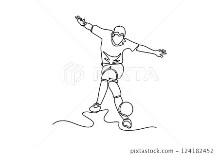 Continuous one line drawing young energetic male football midfielder controlling ball with acrobatic style at the game. Soccer league competition. Single line draw design vector graphic illustration Continuous one line drawing young energetic male football midfielder controlling ball with acrobatic style at the game. Soccer league competition. Single line draw design vector graphic illustration 124182452