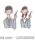 Illustration of a young man and woman in suits pointing 124182608
