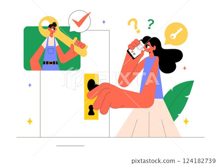 Locksmith Vector Illustration Featuring a Repairman for Home Maintenance, Repair, and Installation Services with Tools like a Screwdriver and Key 124182739