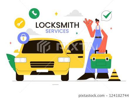 Locksmith Vector Illustration Featuring a Repairman for Home Maintenance, Repair, and Installation Services with Tools like a Screwdriver and Key 124182744