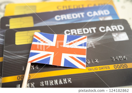 Credit card model with UK United Kingdom flag, financial investment economy business banking. Credit card model with UK United Kingdom flag, financial investment economy business banking. 124182862