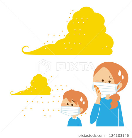 Illustration of a person wearing a mask, yellow sand, PM2.5, pollen, air pollution 124183146