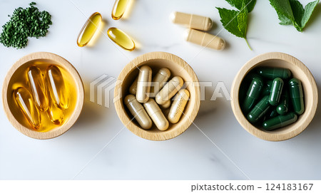 Assortment of Supplements, Vitamins, and Capsules for Health and Wellness 124183167