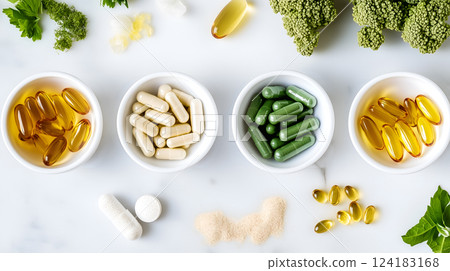 Assortment of Vitamin Supplements in Bowls on a White Surface 124183168