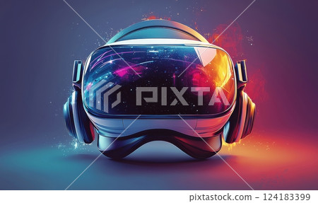 Virtual reality headset with vibrant futuristic aesthetic featuring dynamic neon reflections 124183399