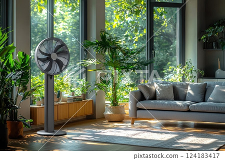 Modern living room with electric fan and indoor plants filled with sunlight 124183417