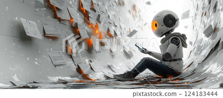 Robotic figure amidst documents showcasing technological overload in a digital environment 124183444