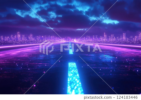Vibrant neon road leading towards a futuristic cityscape under dynamic clouds 124183446