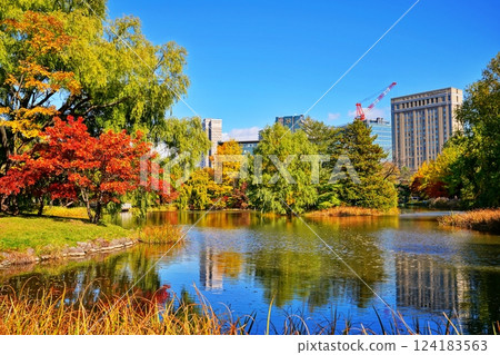 秋高氣爽的札幌中島公園的紅葉 秋高氣爽的札幌中島公園的紅葉 124183563