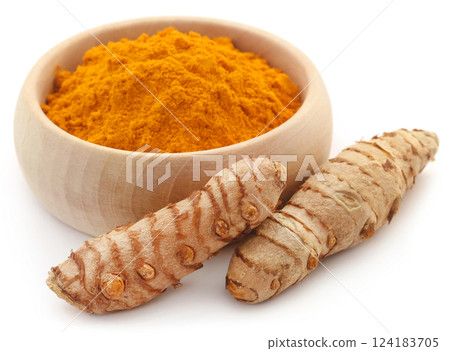Raw turmeric with powder Raw turmeric with powder 124183705