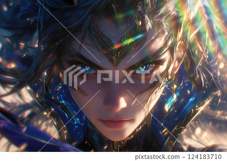 Close-up of a fantasy warrior with a sharp gaze Close-up of a fantasy warrior with a sharp gaze 124183710