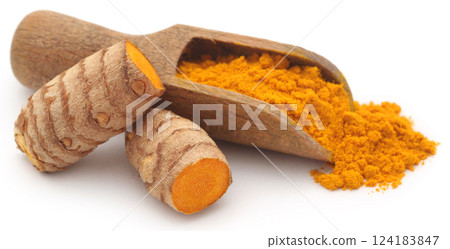 Raw turmeric with powder Raw turmeric with powder 124183847