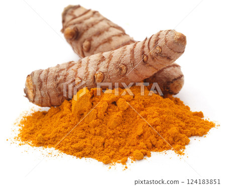 Raw turmeric with powder Raw turmeric with powder 124183851