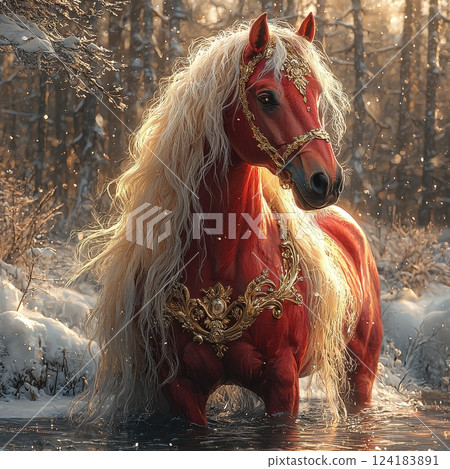 Majestic red horse adorned with golden accessories in a winter forest 124183891